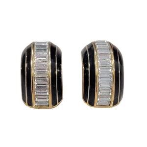 Christian Dior Black Enamel Gold Baguette Crystal Half Hoop Clip-On Earrings VTG